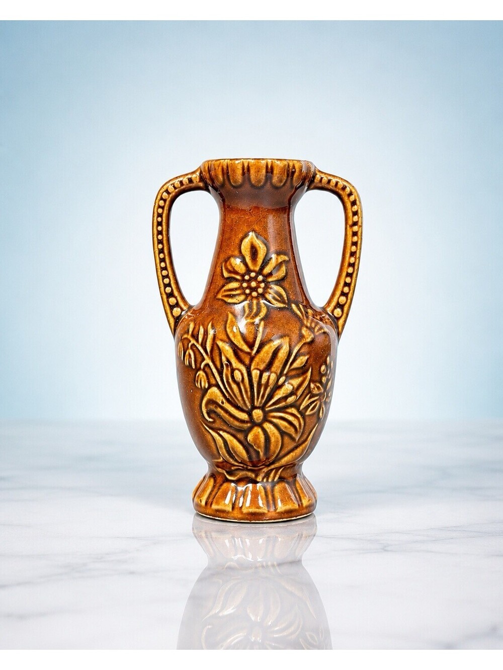 Japanese 1960s Vase Majolica-Style Floral Two-Handled Brown Ceramic, 3x5.75"